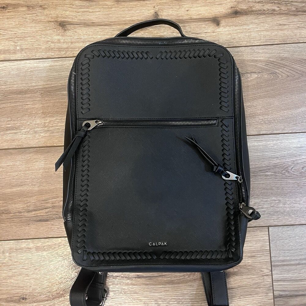 Calpak Kaya Black Faux Leather Zip Laptop Backpack 15" Travel Luggage Bag